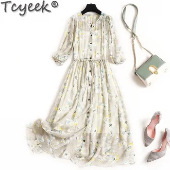 Tcyeek 100% Hodváb Letné Šaty 2021 Elegantný Kvetinové Šaty pre Ženy kórejský Módne Midi Šaty Dvoch-dielny Vestido De Mujer LW5021