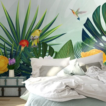 Bacaz Vlastné Vták 3D nástenná maľba Tapety na Ruky-farby Tropickom dažďovom Pralese Banán Leaf Foto Pozadie Nástenné Maľby, 3D Tapety Moderné