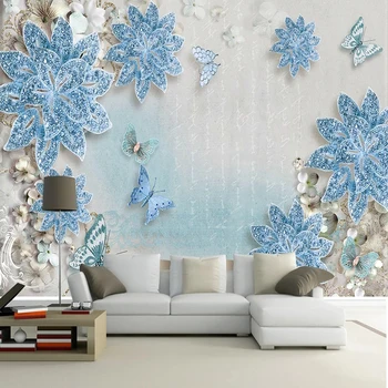 Vlastné Nástenné Tapety 3D Stereo Modrý Kvet, Motýľ Šperky Fresco Obývacia Izba Gauč TV Pozadí Steny Dekor Abstraktných De Parede