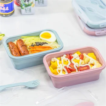 Silikónové Foable Lunch Box Ušetriť Miesto Prenosné Bento Box S Vidlica Pre Študentské Jedlo Kontajner BPA Free