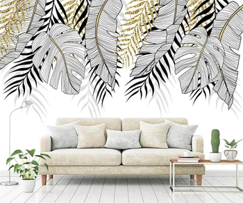 Vlastné Tropickom dažďovom Pralese Rastlín 3D Nástenné Maľby čiernej a bielej Banán Leaf Foto Tapety Pre Obývacia Izba Jedáleň Dekorácie